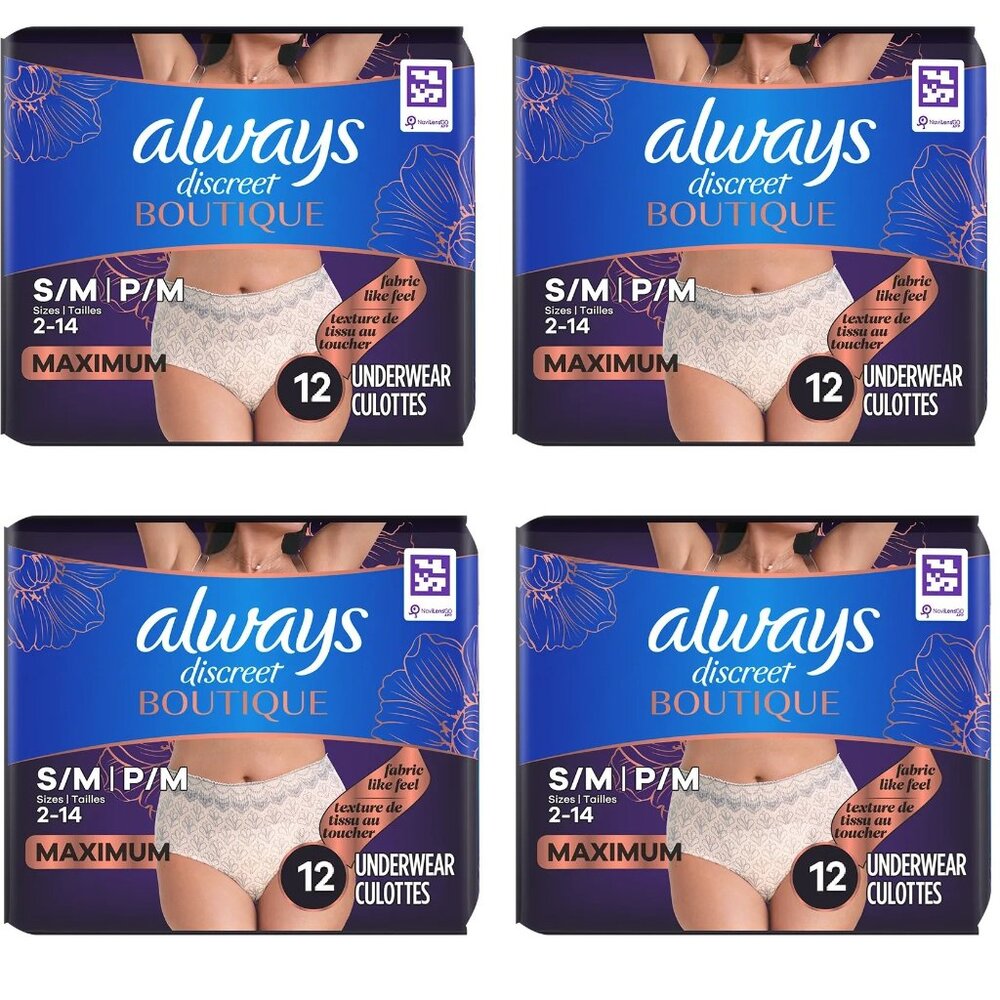 A Lot of 4, Always Discreet Boutique Maximum Underwear 12/Pack, S/M, Peach